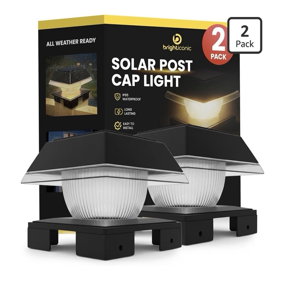 BRIGHTICONIC Solar Post Cap LED Light 2 Pack Black 120 Lumen Dual Mode IP65 New